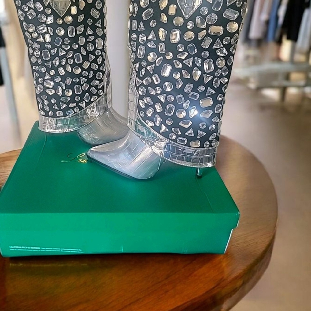 Lauren Lorraine Hana Silver Rhinestone Stiletto Heel Cowboy Boots 6 Bling Boots
